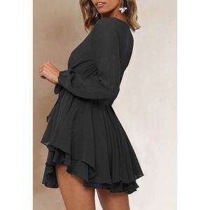 Ferlema Womens  V Neck Ruffle Long Sleeve Tie Waist Casual A Line Swing Mini